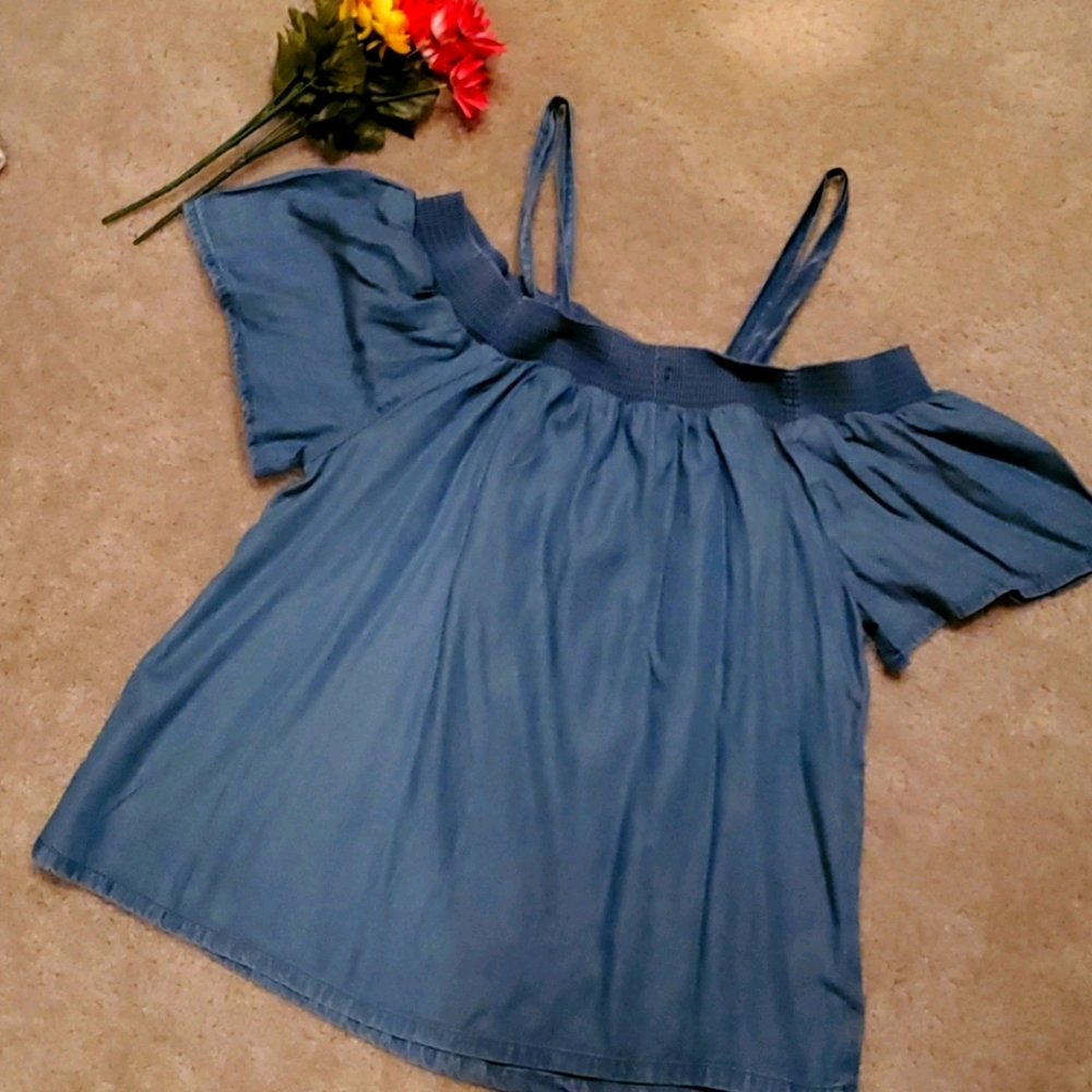 Chambray off The Shoulder Top!